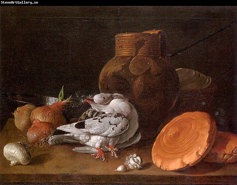 Melendez, Luis Eugenio Still Life with Pigeons, Onions, Bread and Kitchen Utensils